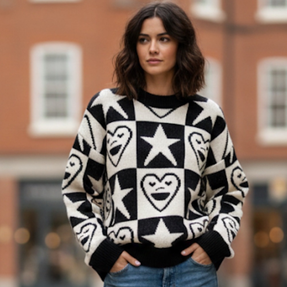 Zara Black White Heart and Stars Checkered Chunky Knit Sweater Small